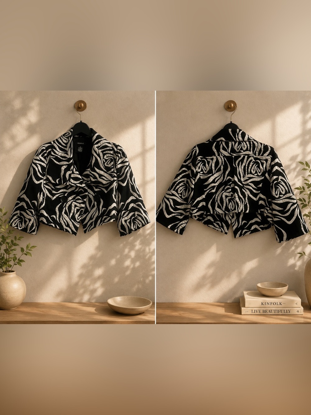 Black & White Rose Pattern Cropped Jacket